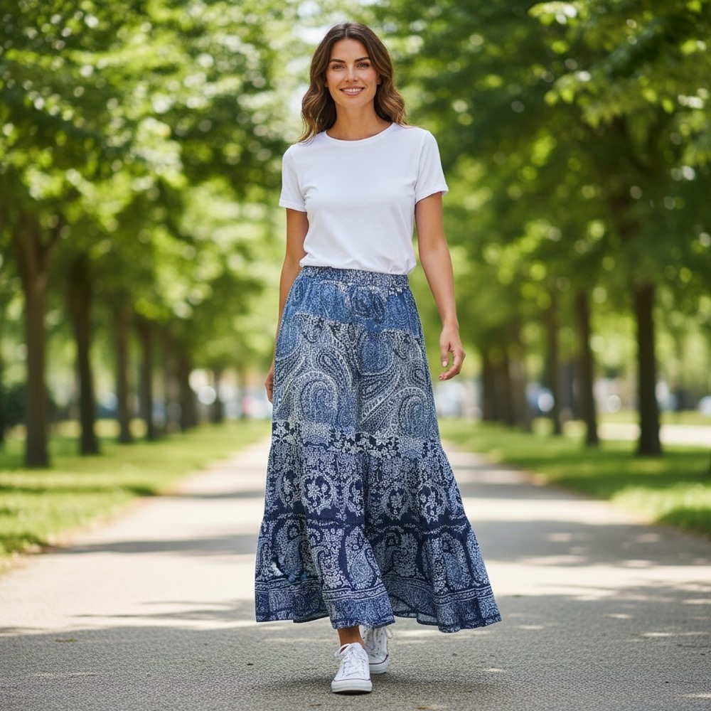 Bohemian Cafe Maxi Skirt 2X Blue Paisley Tiered Crinkle Rayon Boho Flowy Skirt